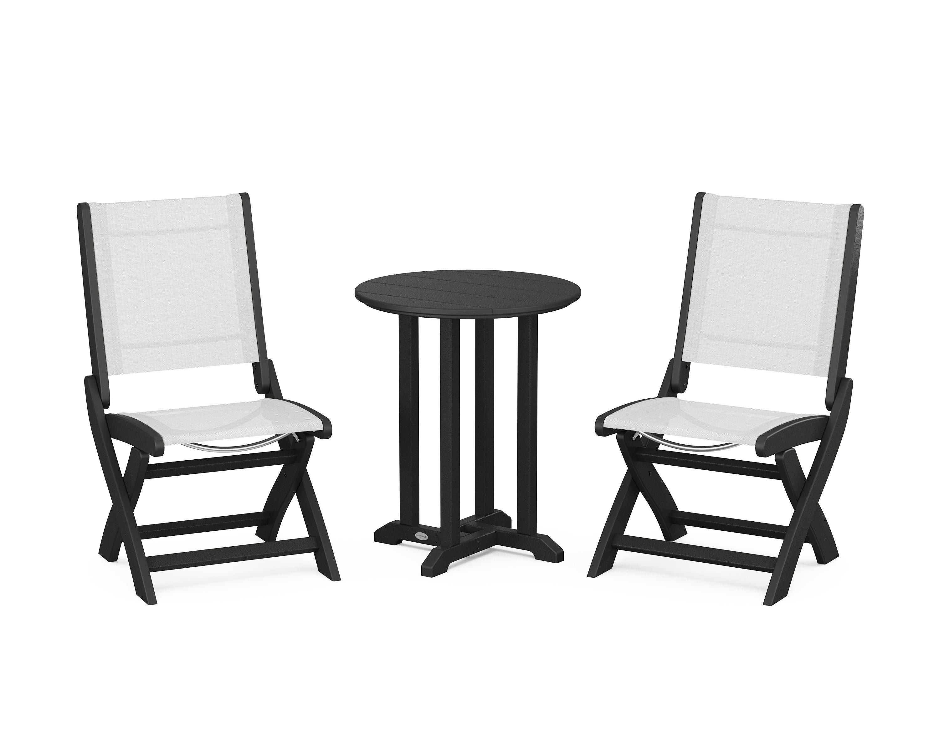 POLYWOOD® Coastal Folding Side Chair 3-Piece Round Bistro Dining Set in Black / White Sling