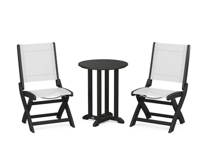 POLYWOOD® Coastal Folding Side Chair 3-Piece Round Bistro Dining Set in Black / White Sling