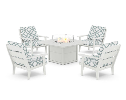 POLYWOOD® Lakeside 5-Piece Deep Seating Set with Nautical Fire Pit Table in White / Trellis Glacier Spa