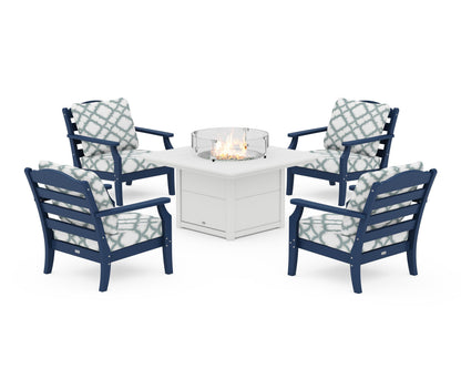 Draper James™ by  POLYWOOD® Savannah 5-Piece Deep Seating Set with Fire Pit Table in Navy / Trellis Glacier Spa