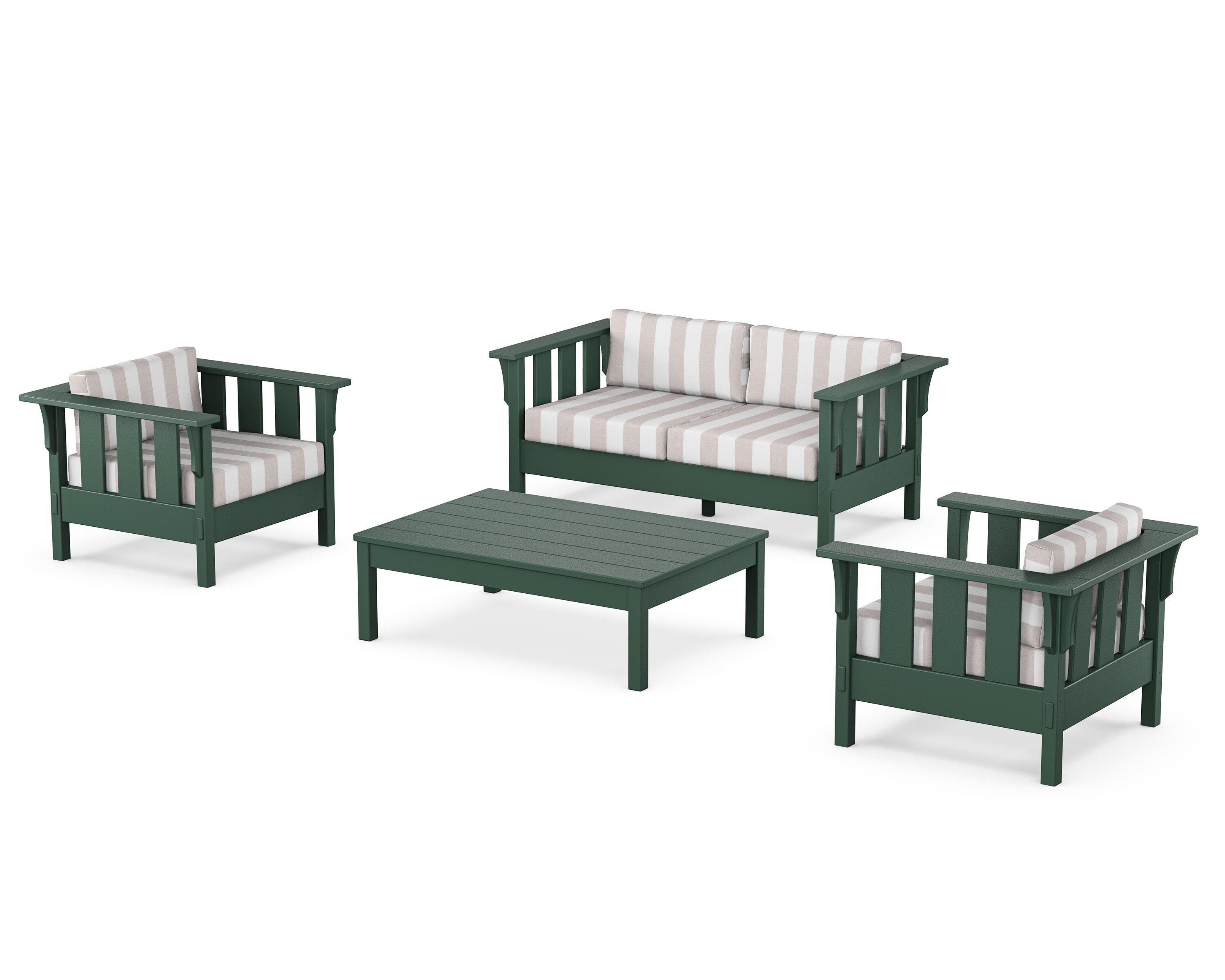 Martha Stewart by POLYWOOD® Acadia 4-Piece Deep Seating Set with Loveseat in Green / Cabana Stripe Dune Burlap