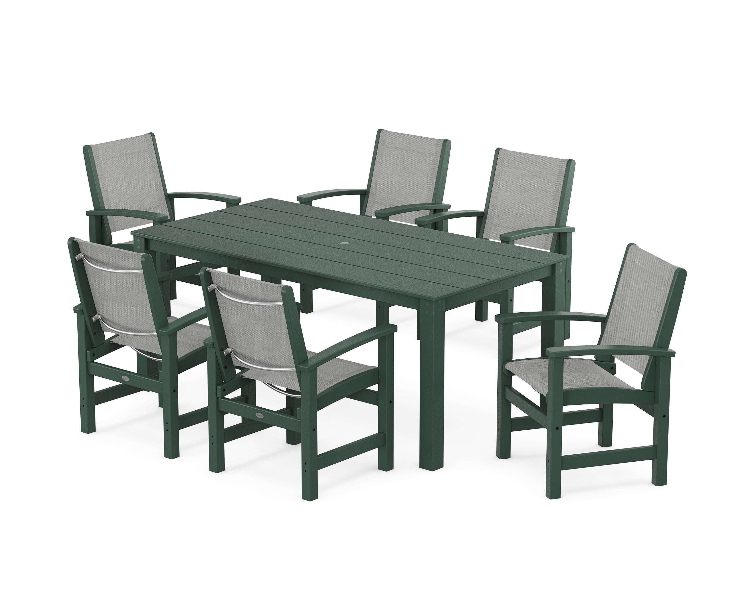 POLYWOOD® Coastal 7-Piece Parsons Dining Set in Green / Metallic Sling