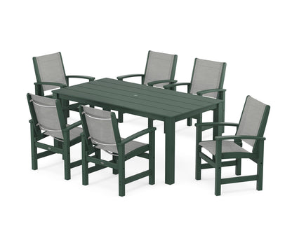 POLYWOOD® Coastal 7-Piece Parsons Dining Set in Green / Metallic Sling