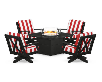 POLYWOOD® Braxton 5-Piece Deep Seating Swivel Conversation Set with Fire Pit Table in Black / Cabana Stripe Crimson