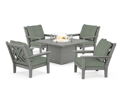 POLYWOOD® Chippendale 5-Piece Deep Seating Set with Fire Pit Table in Slate Grey / Cast Sage