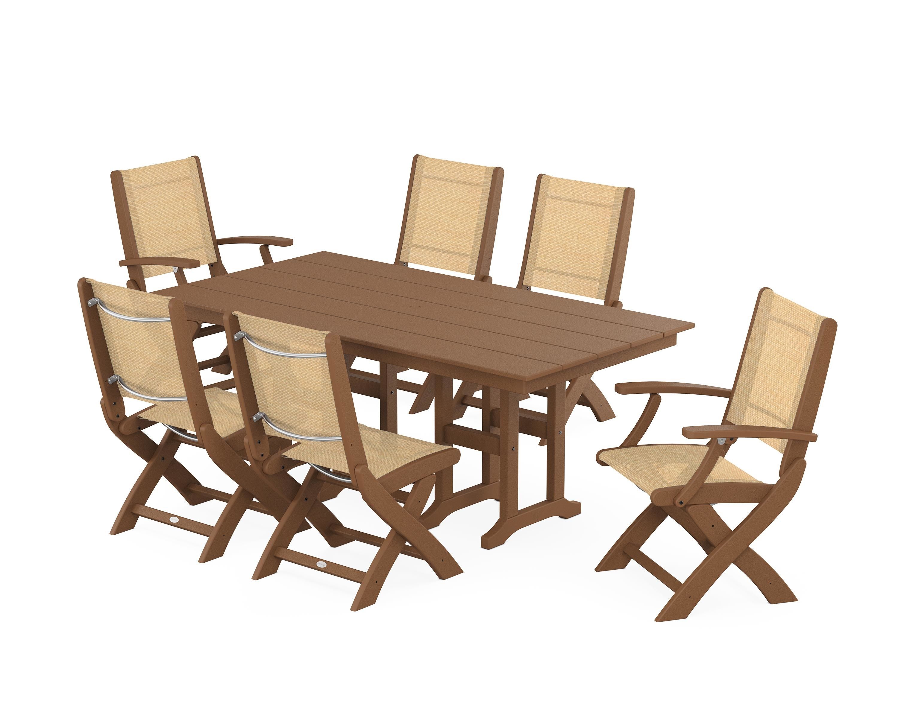 POLYWOOD® Coastal Folding Chair 7-Piece Farmhouse Dining Set in Teak / Dupioni Apricot Sling