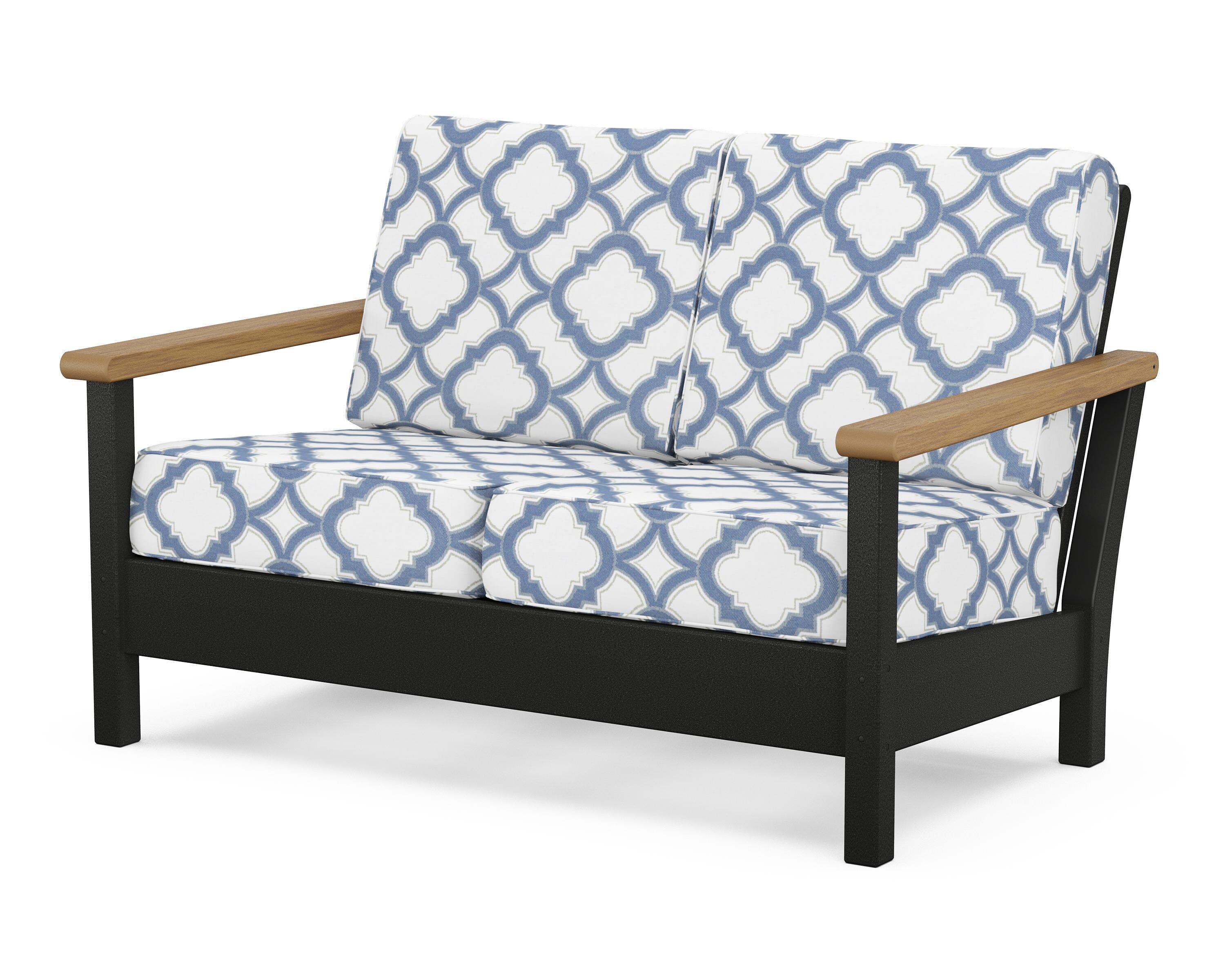 POLYWOOD® Harbour Deep Seating Loveseat in Black / Natural / Trellis Sky Blue
