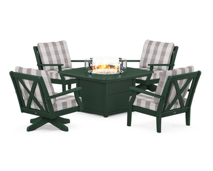 POLYWOOD® Braxton 5-Piece Deep Seating Set with Fire Table in Green / Buffalo Plaid Grey Mist