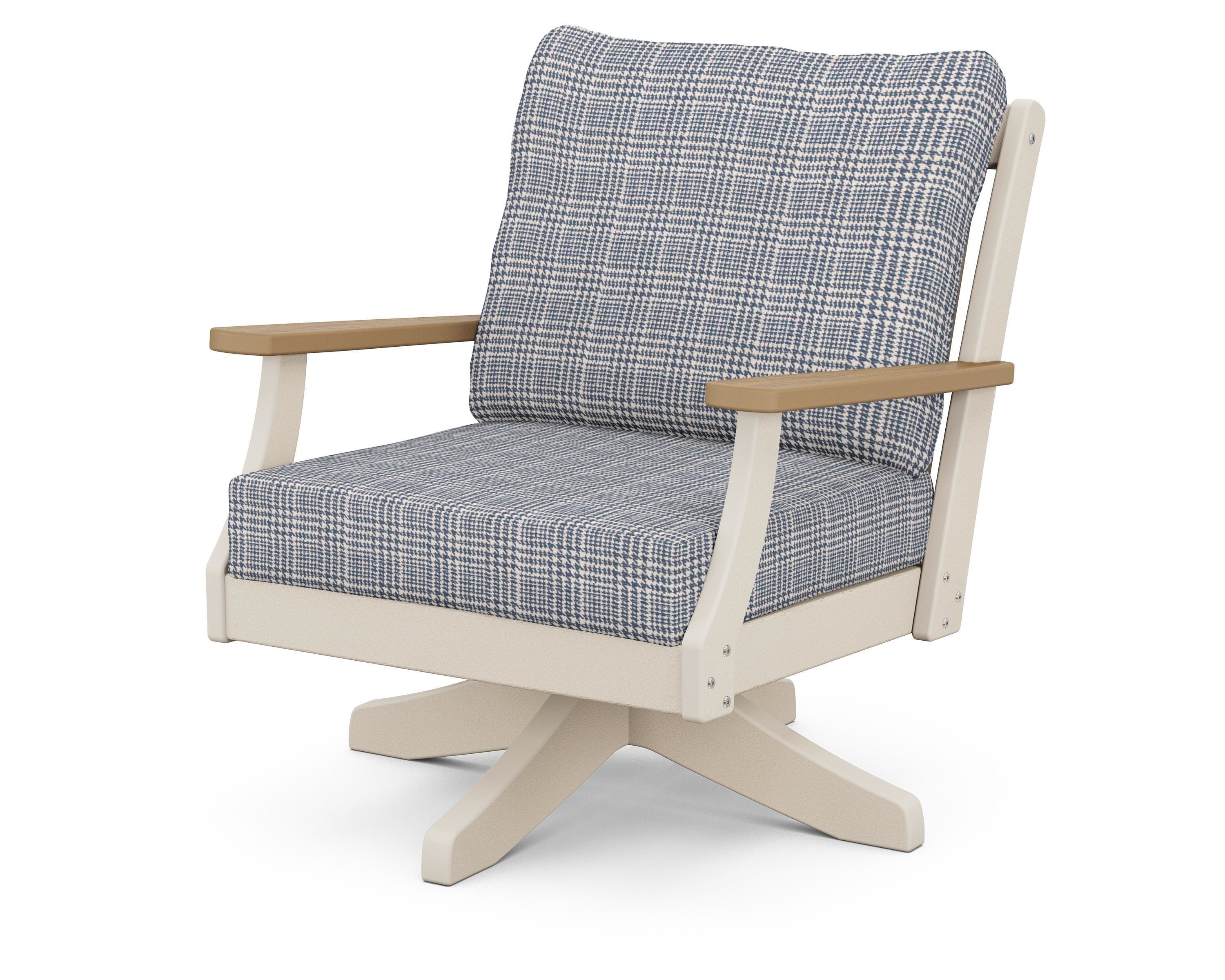POLYWOOD® Braxton Deep Seating Swivel Chair in Sand / Natural / Houndstooth Sky Blue