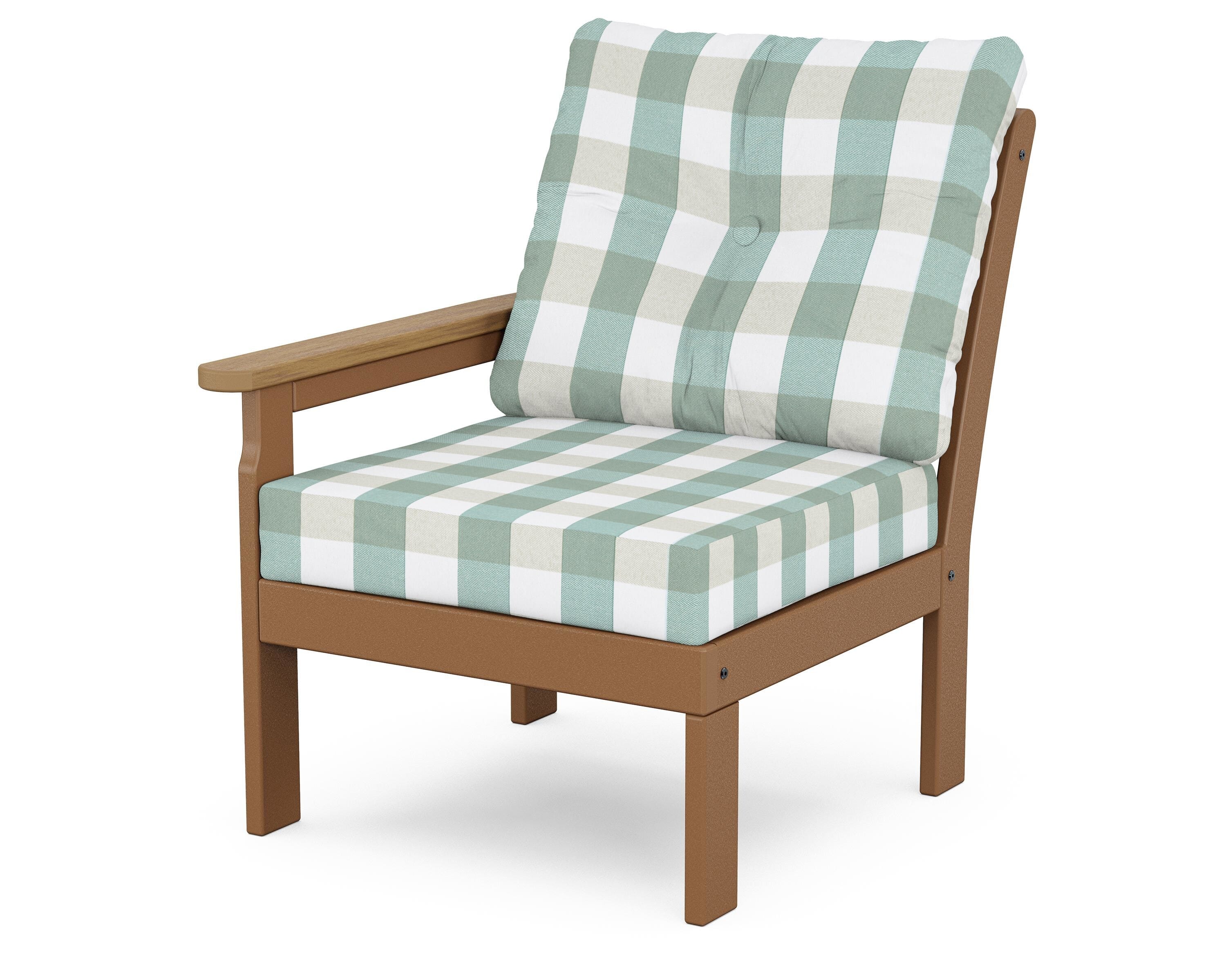 POLYWOOD® Vineyard Modular Left Arm Chair in Teak / Natural / Buffalo Plaid Glacier Spa