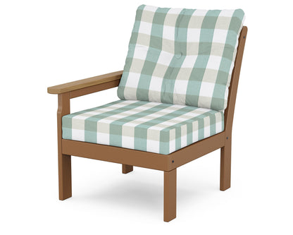 POLYWOOD® Vineyard Modular Left Arm Chair in Teak / Natural / Buffalo Plaid Glacier Spa