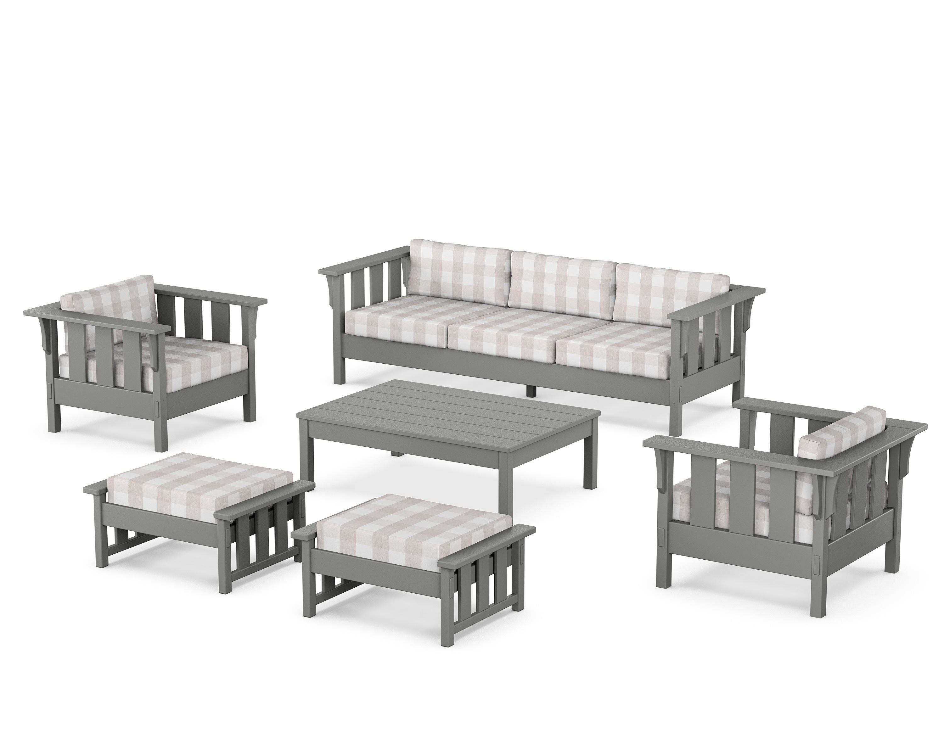 Martha Stewart by POLYWOOD® Acadia 6-Piece Lounge Sofa Set in Slate Grey / Buffalo Plaid Dune Burlap