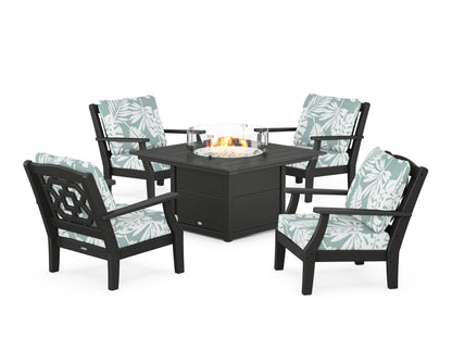Martha Stewart by POLYWOOD® Chinoiserie 5-Piece Deep Seating Set with Fire Pit Table in Black / Leaf Glacier Spa