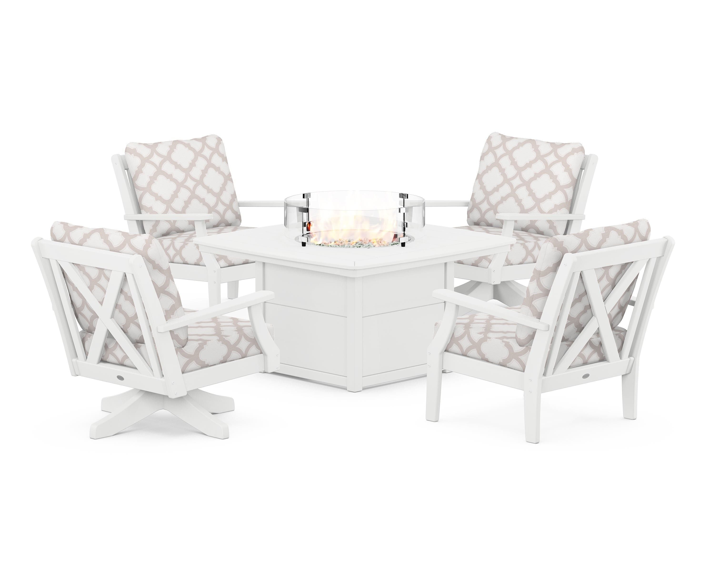 POLYWOOD® Braxton 5-Piece Deep Seating Set with Fire Table in White / Trellis Dune Burlap