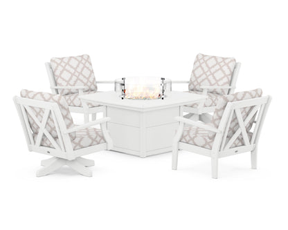POLYWOOD® Braxton 5-Piece Deep Seating Set with Fire Table in White / Trellis Dune Burlap