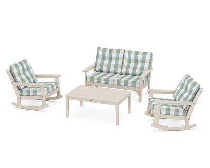 POLYWOOD® Vineyard 4-Piece Deep Seating Rocking Chair Set in Sand / Buffalo Plaid Glacier Spa