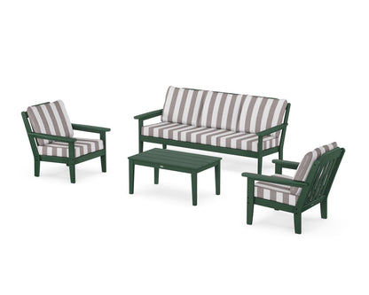 Country Living Cottage 4-Piece Deep Seating Set with Sofa in Green / Cabana Stripe Grey Mist