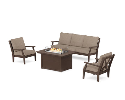 POLYWOOD® Braxton Deep Seating Fire Pit Table Set in Mahogany / Spiced Burlap