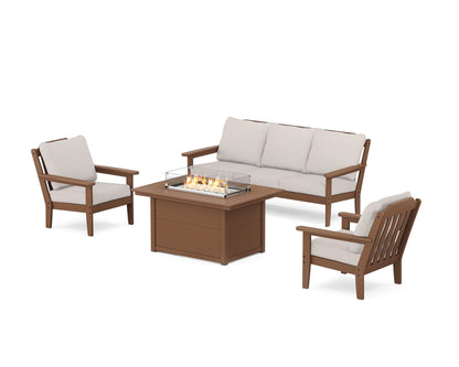 Country Living Cottage Deep Seating Fire Pit Table Set in Teak / Dune Burlap