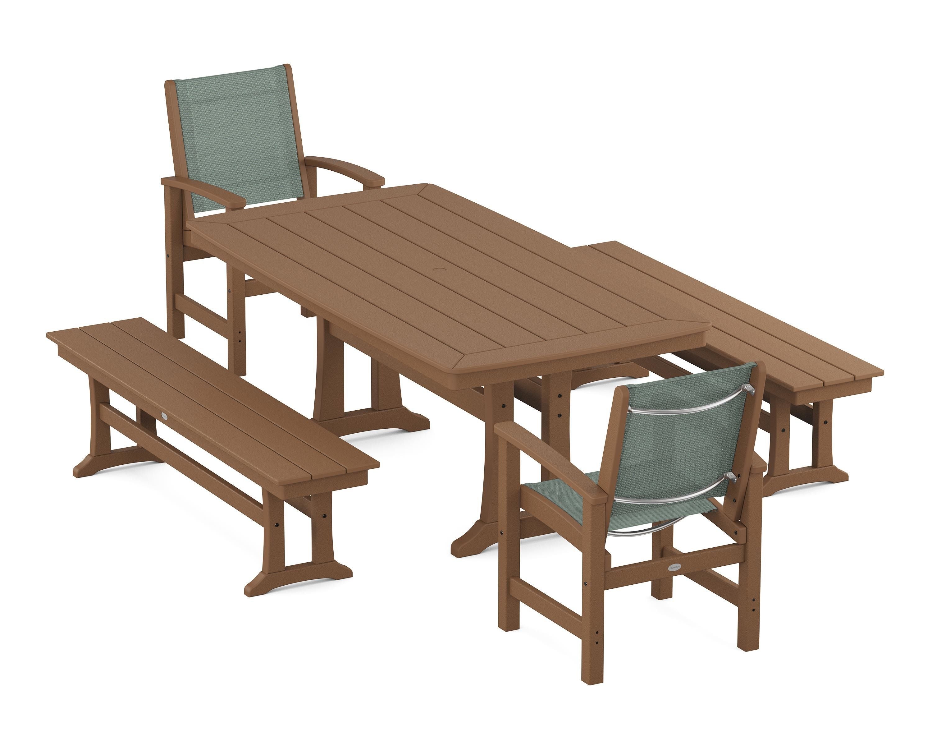 POLYWOOD® Coastal 5-Piece Dining Set with Trestle Legs and Benches in Teak / Dupioni Sea Mist Sling
