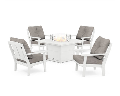 POLYWOOD® Mission 5-Piece Deep Seating Set with Fire Pit Table in White / Weathered Tweed