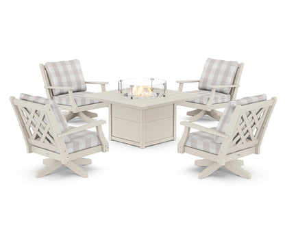 Country Living Wovendale 5-Piece Deep Seating Swivel Conversation Set with Fire Pit Table in Sand / Buffalo Plaid Dune Burlap
