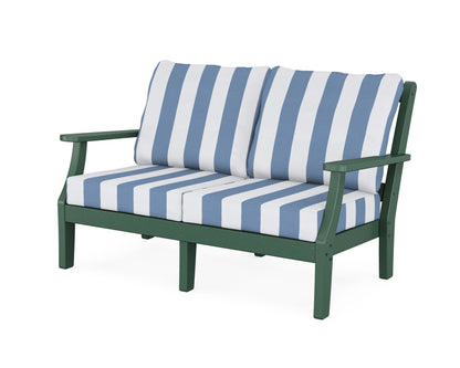 Martha Stewart by POLYWOOD® Chinoiserie Deep Seating Loveseat in Green / Cabana Stripe Sky Blue