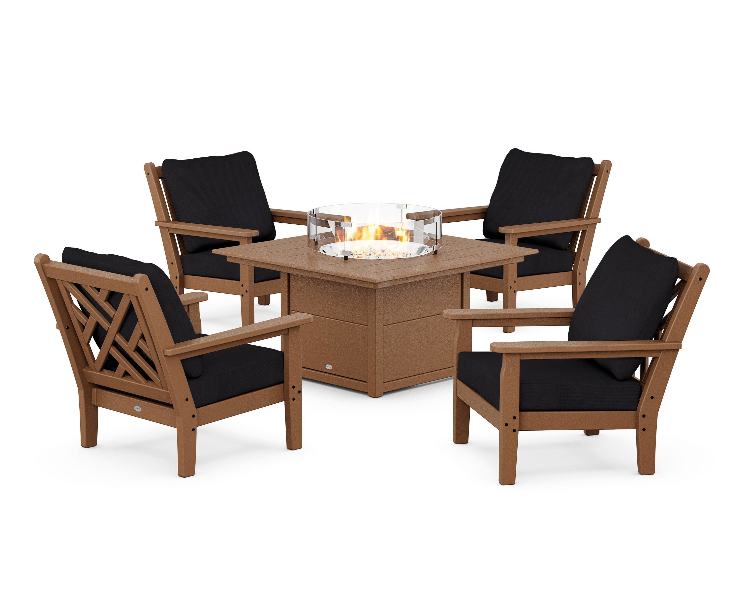 POLYWOOD® Chippendale 5-Piece Deep Seating Set with Fire Pit Table in Teak / Midnight Linen
