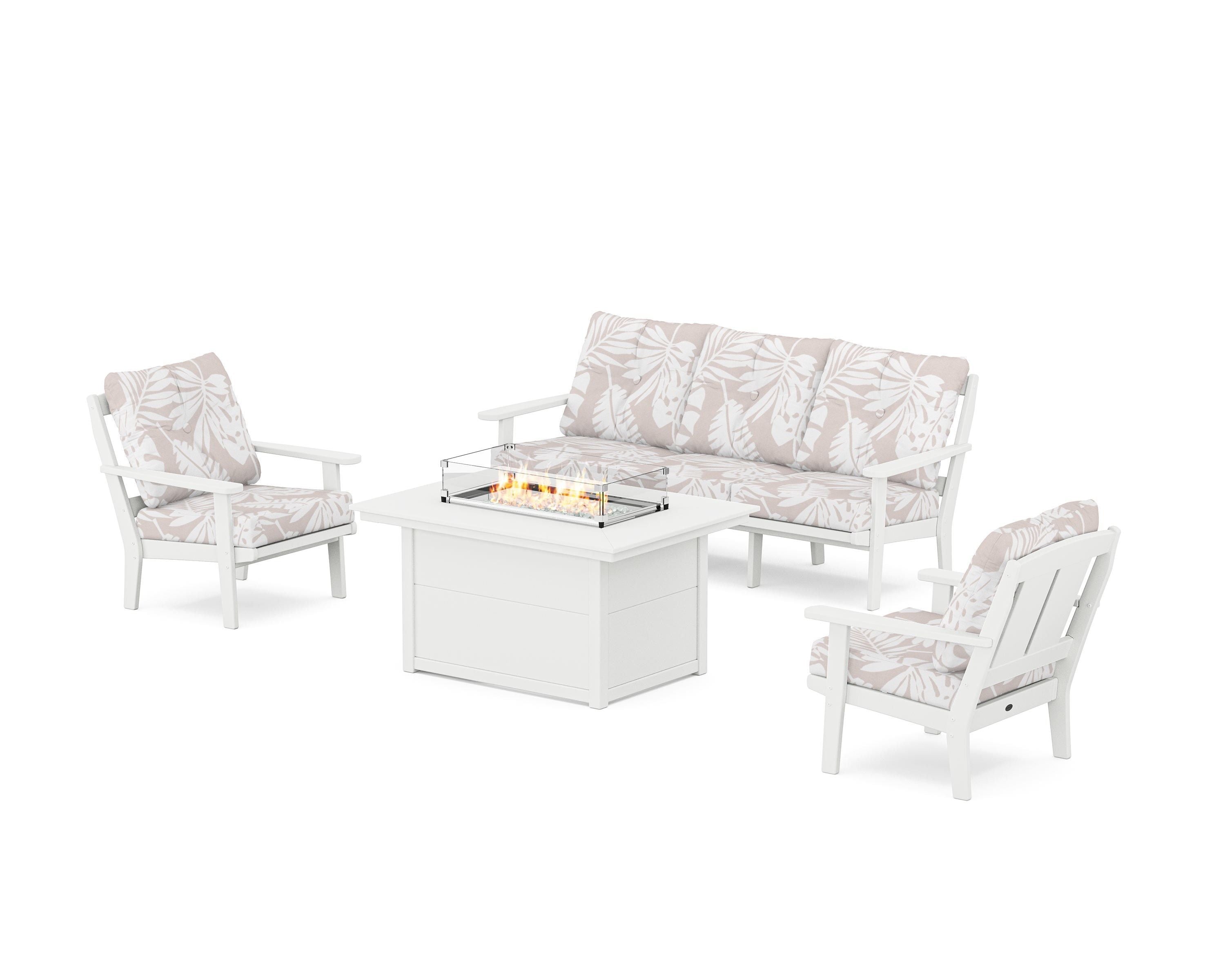 POLYWOOD® Mission Deep Seating Fire Pit Table Set in White / Leaf Dune Burlap