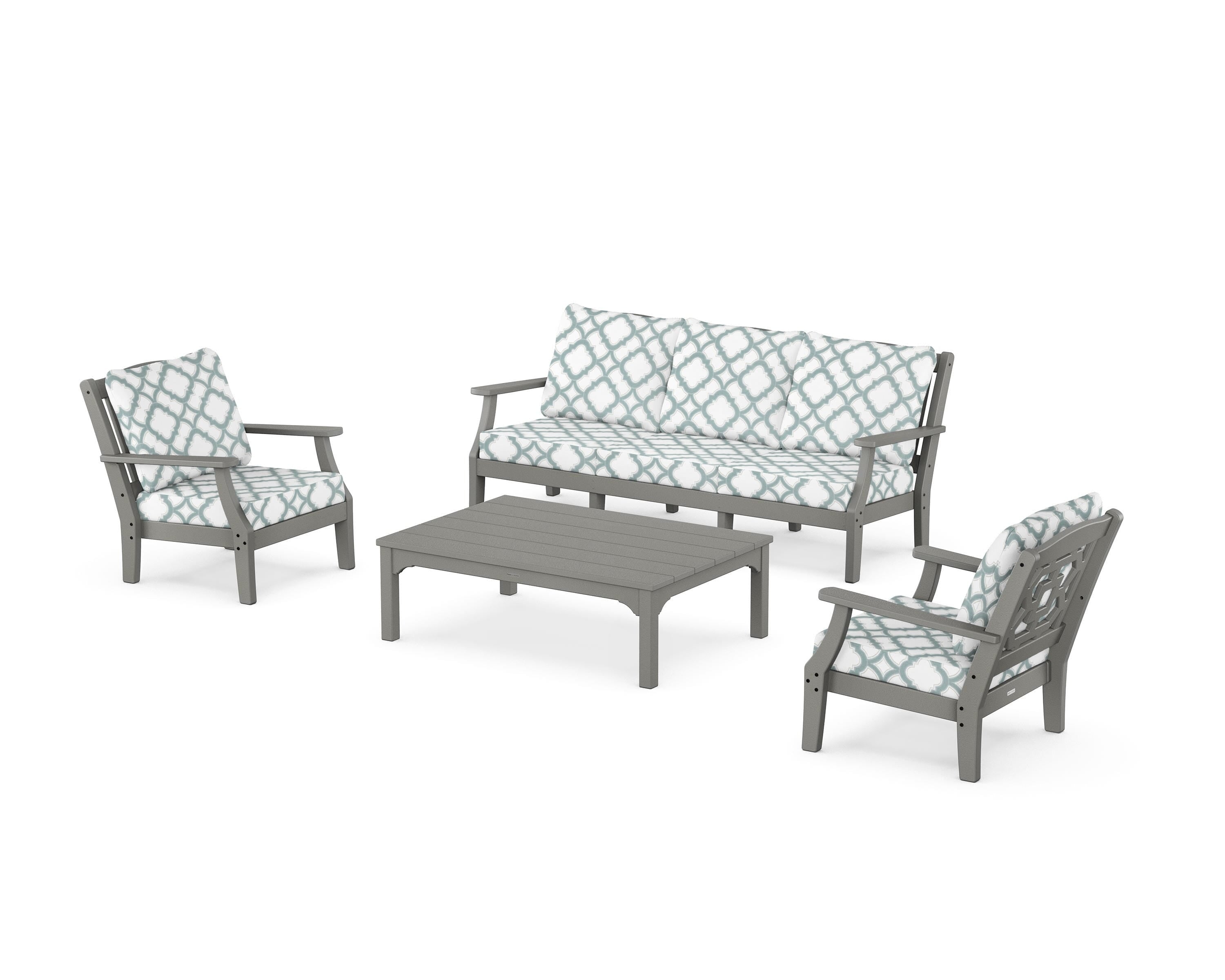 Martha Stewart by POLYWOOD® Chinoiserie 4-Piece Deep Seating Set with Sofa in Slate Grey / Trellis Glacier Spa