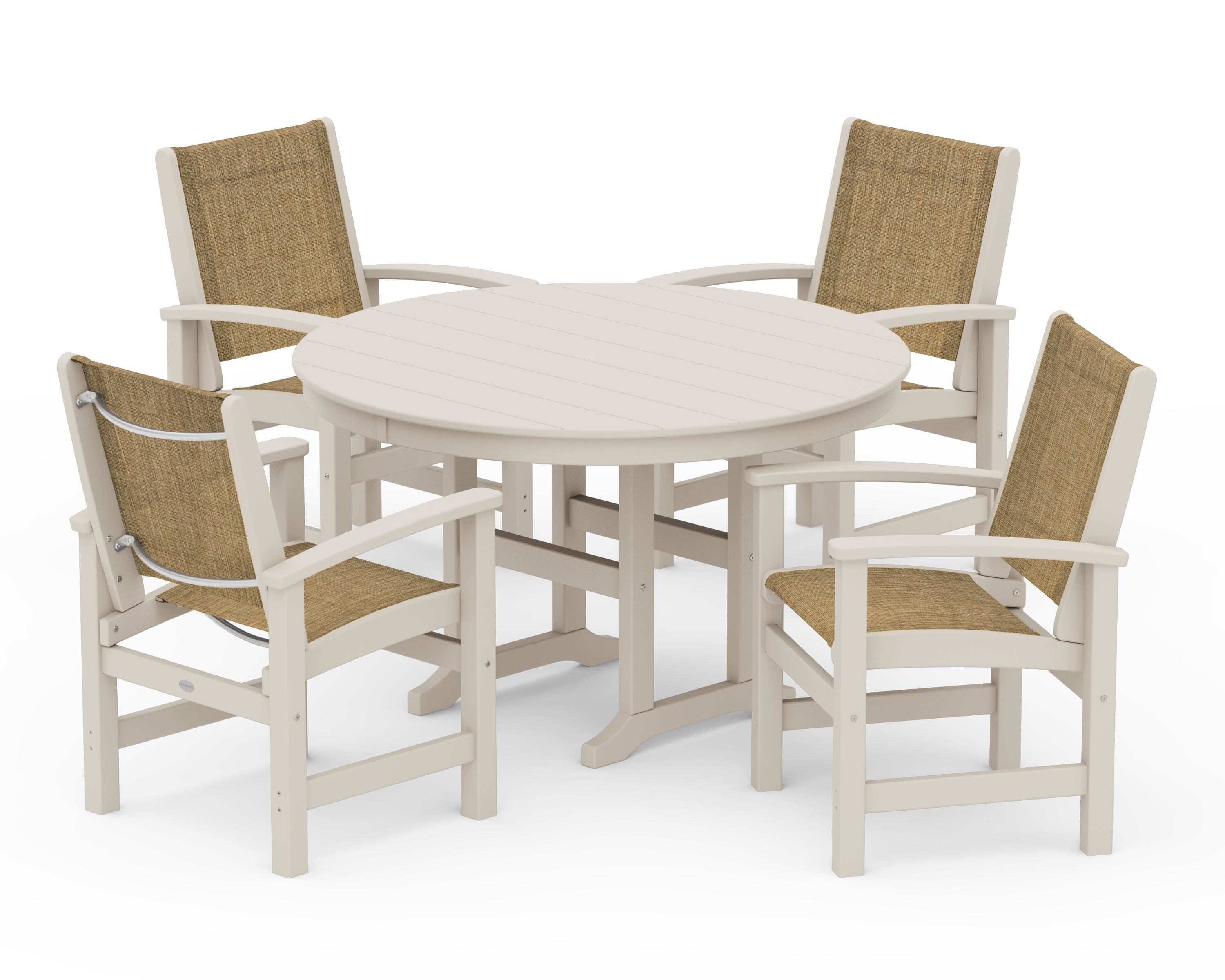 POLYWOOD® Coastal 5-Piece Round Farmhouse Dining Set in Sand / Burlap Sling