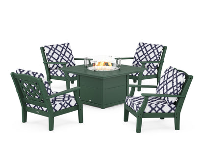Martha Stewart by POLYWOOD® Chinoiserie 5-Piece Deep Seating Set with Fire Pit Table in Green / Trellis Navy
