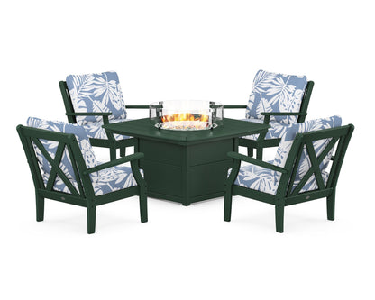 POLYWOOD® Braxton 5-Piece Deep Seating Conversation Set with Fire Pit Table in Green / Leaf Sky Blue
