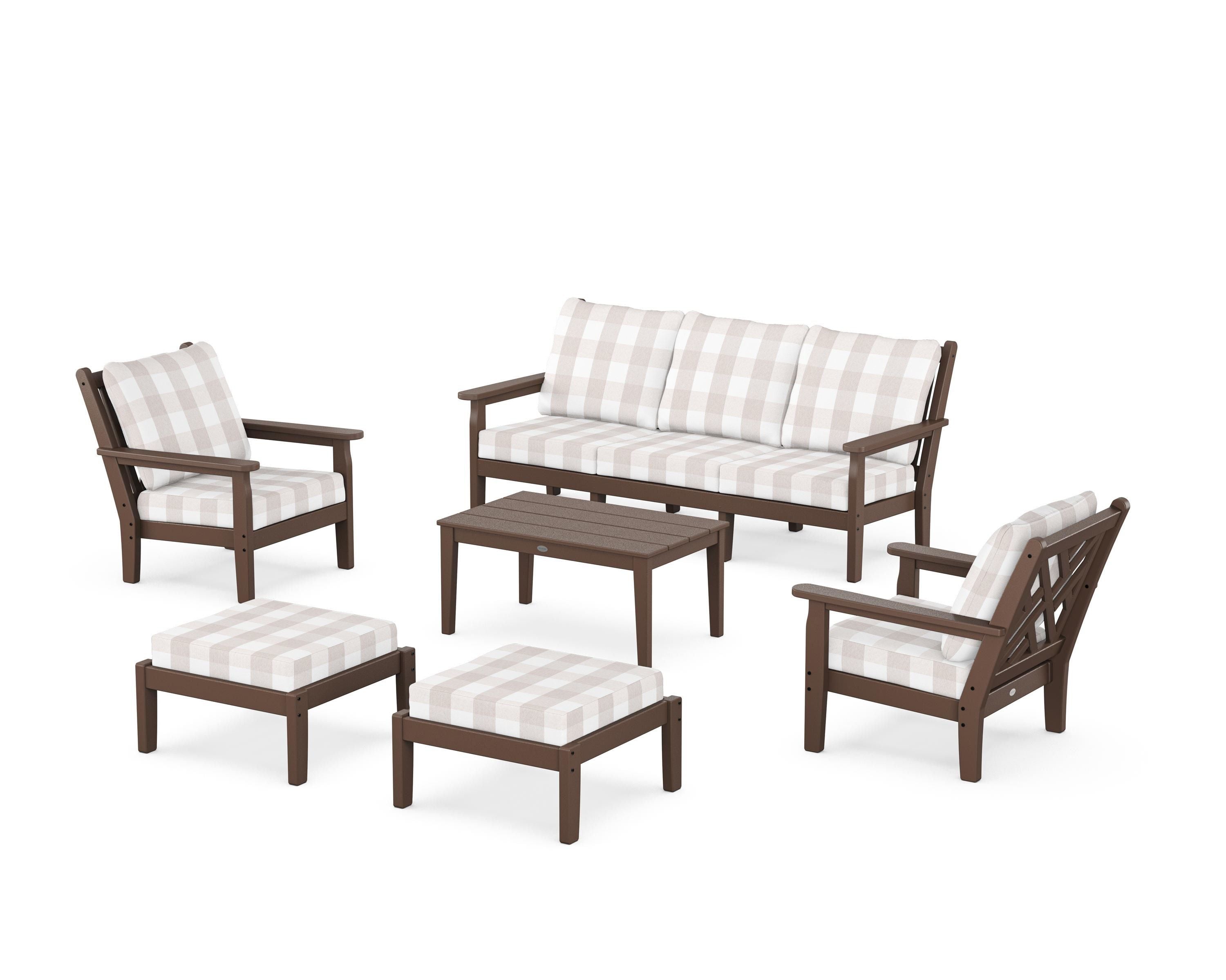 POLYWOOD® Chippendale 6-Piece Lounge Sofa Set in Mahogany / Buffalo Plaid Dune Burlap