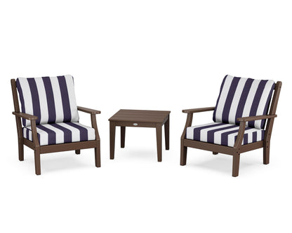 Country Living Wovendale 3-Piece Deep Seating Set in Mahogany / Cabana Stripe Navy
