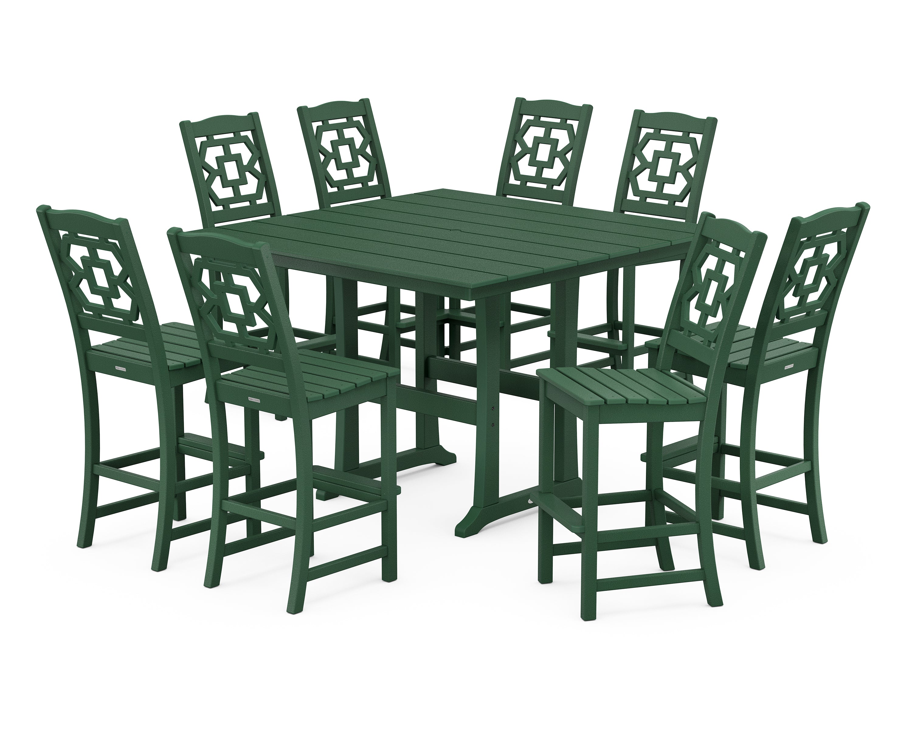 Martha Stewart by POLYWOOD® Chinoiserie 9-Piece Square Farmhouse Side Chair Bar Set with Trestle Legs in Green