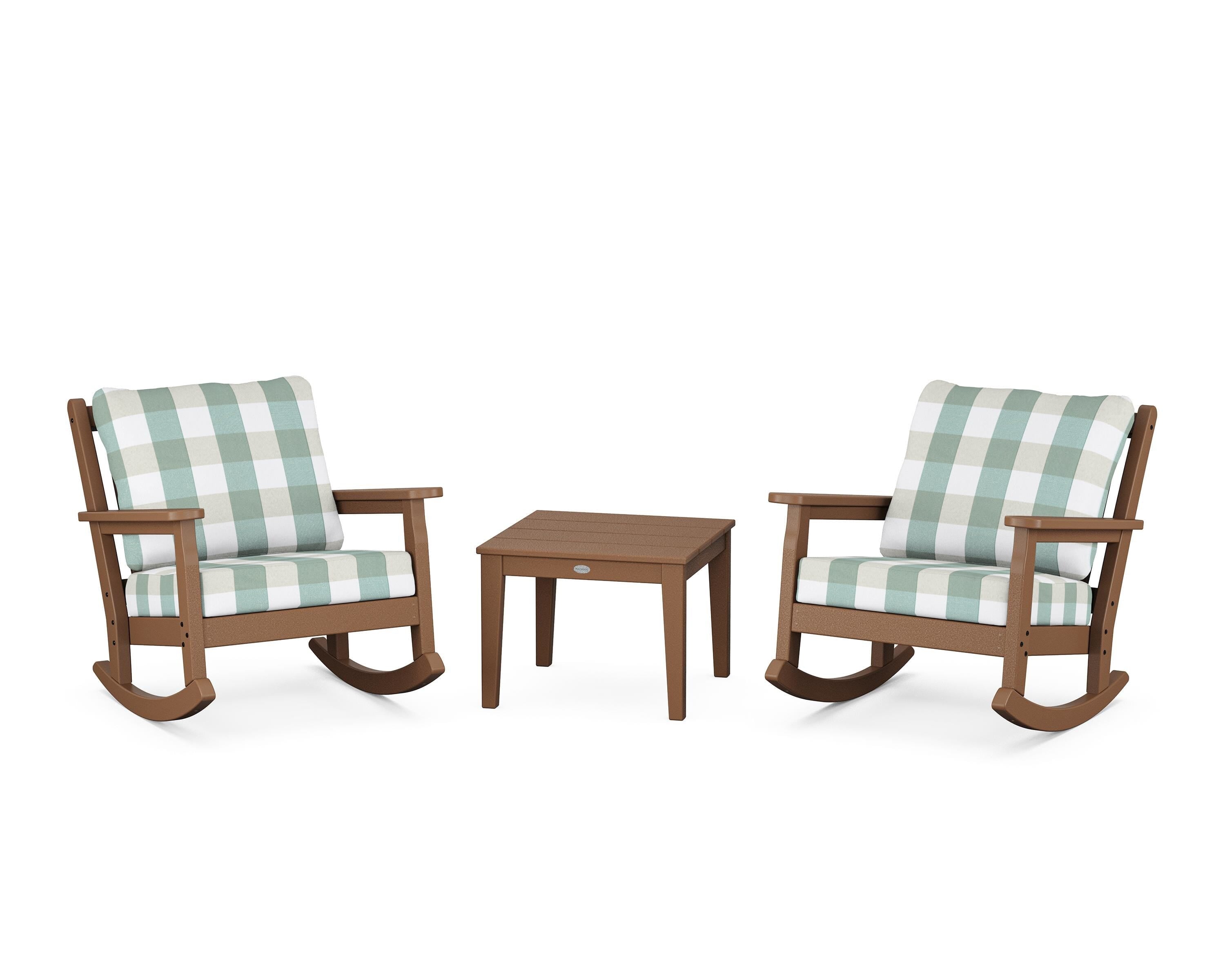 POLYWOOD® Chippendale 3-Piece Deep Seating Rocker Set in Teak / Buffalo Plaid Glacier Spa