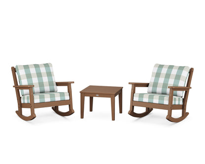 POLYWOOD® Chippendale 3-Piece Deep Seating Rocker Set in Teak / Buffalo Plaid Glacier Spa