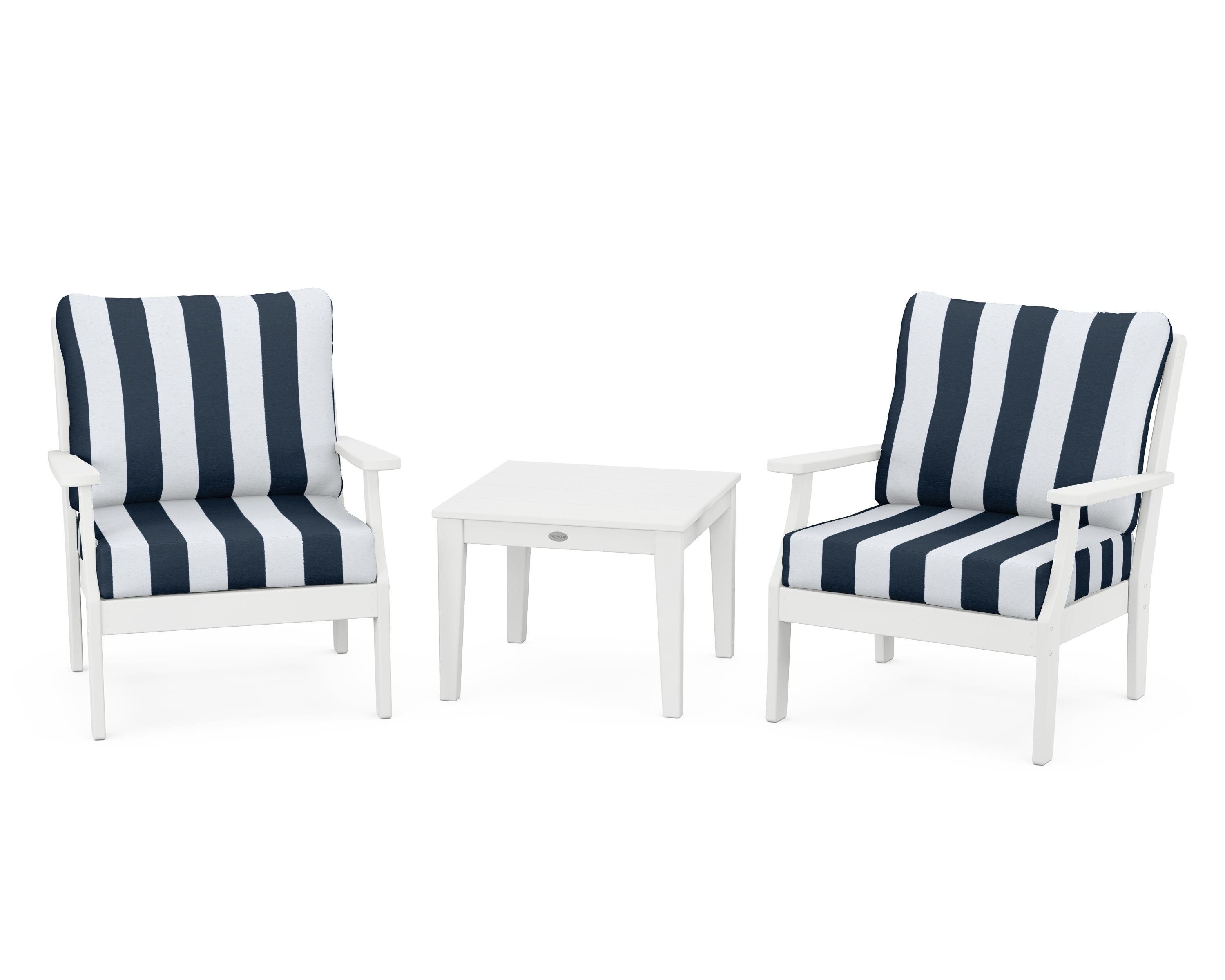 POLYWOOD® Braxton 3-Piece Deep Seating Set in White / Cabana Stripe Marine Indigo