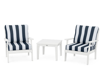 POLYWOOD® Braxton 3-Piece Deep Seating Set in White / Cabana Stripe Marine Indigo