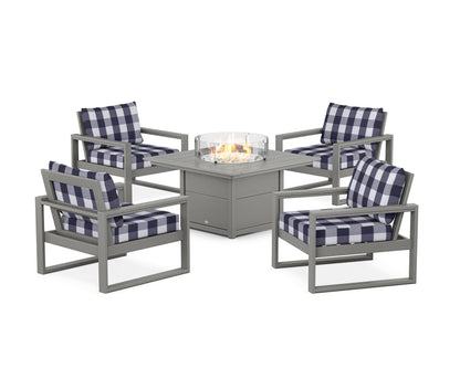POLYWOOD® EDGE Sectional 5-Piece Deep Seating Set with Fire Pit Table in Slate Grey / Buffalo Plaid Navy