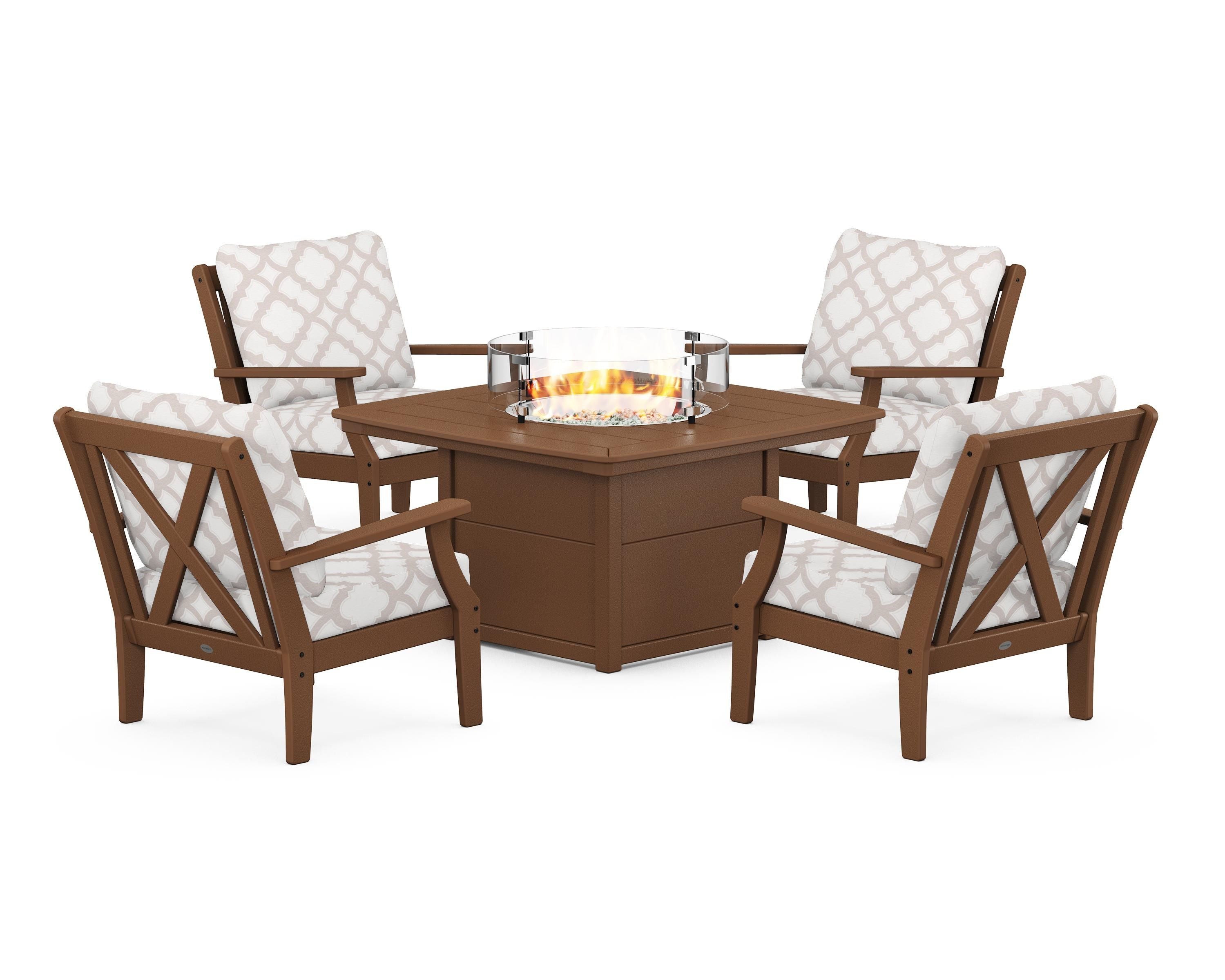 POLYWOOD® Braxton 5-Piece Deep Seating Conversation Set with Fire Pit Table in Teak / Trellis Dune Burlap