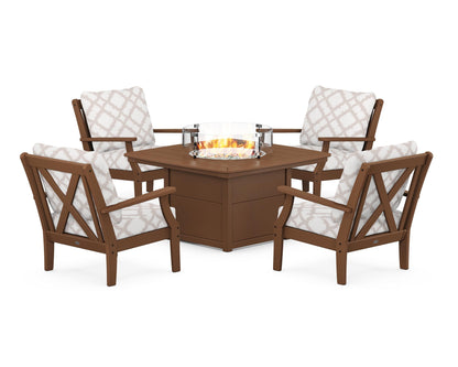 POLYWOOD® Braxton 5-Piece Deep Seating Conversation Set with Fire Pit Table in Teak / Trellis Dune Burlap