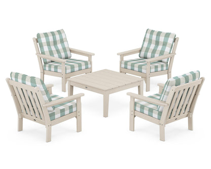 POLYWOOD® Vineyard 5-Piece Deep Seating Conversation Set in Sand / Buffalo Plaid Glacier Spa