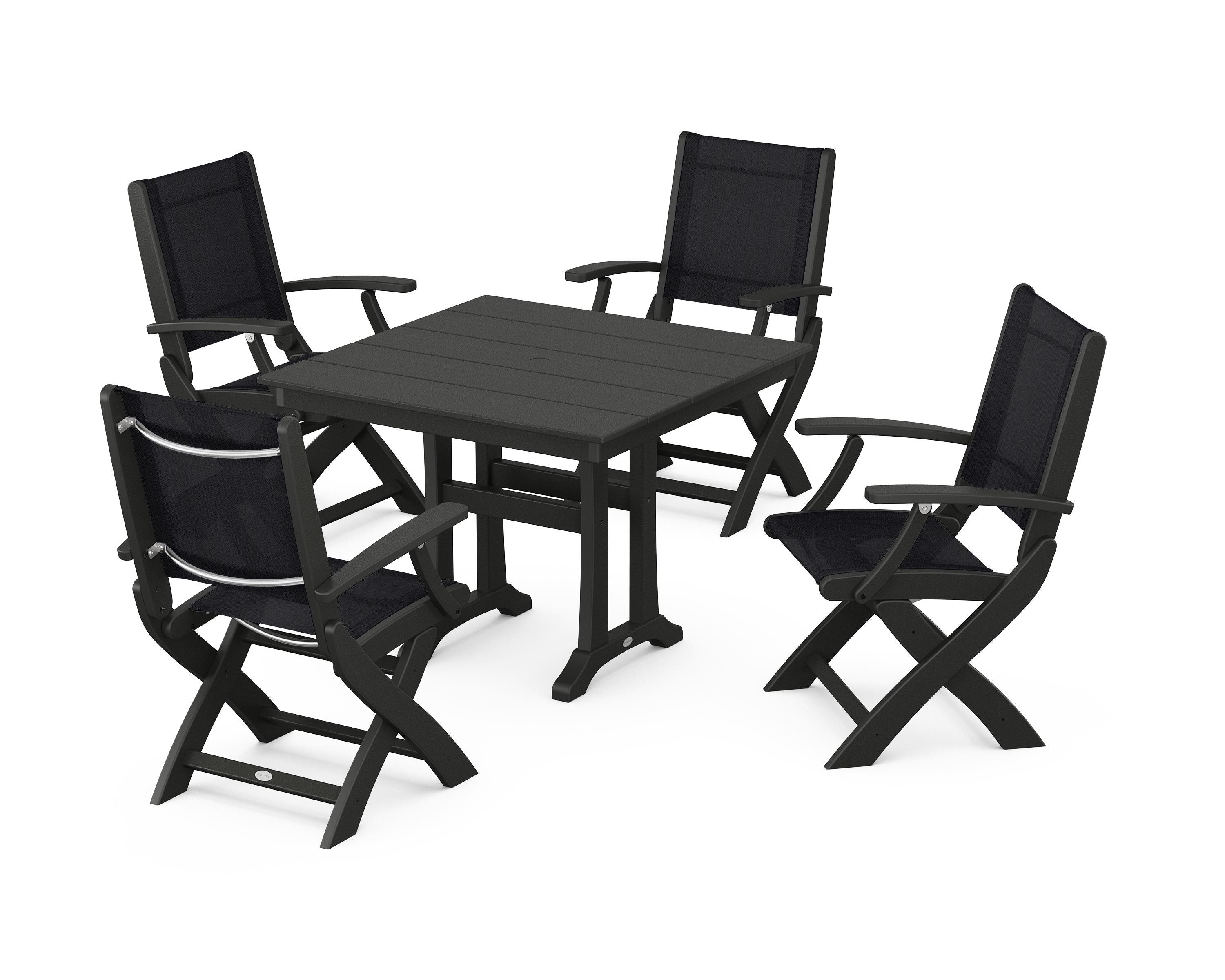 POLYWOOD® Coastal Folding Chair 5-Piece Farmhouse Dining Set With Trestle Legs in Black / Black Sling