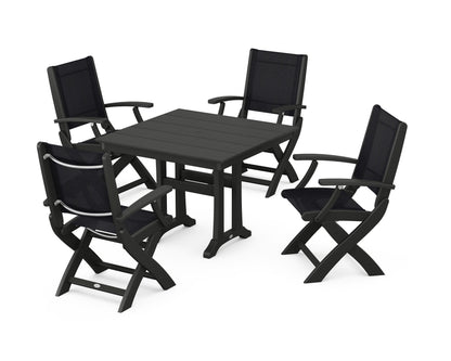 POLYWOOD® Coastal Folding Chair 5-Piece Farmhouse Dining Set With Trestle Legs in Black / Black Sling