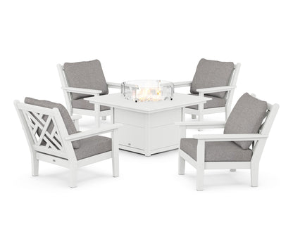 POLYWOOD® Chippendale 5-Piece Deep Seating Set with Fire Pit Table in White / Grey Mist