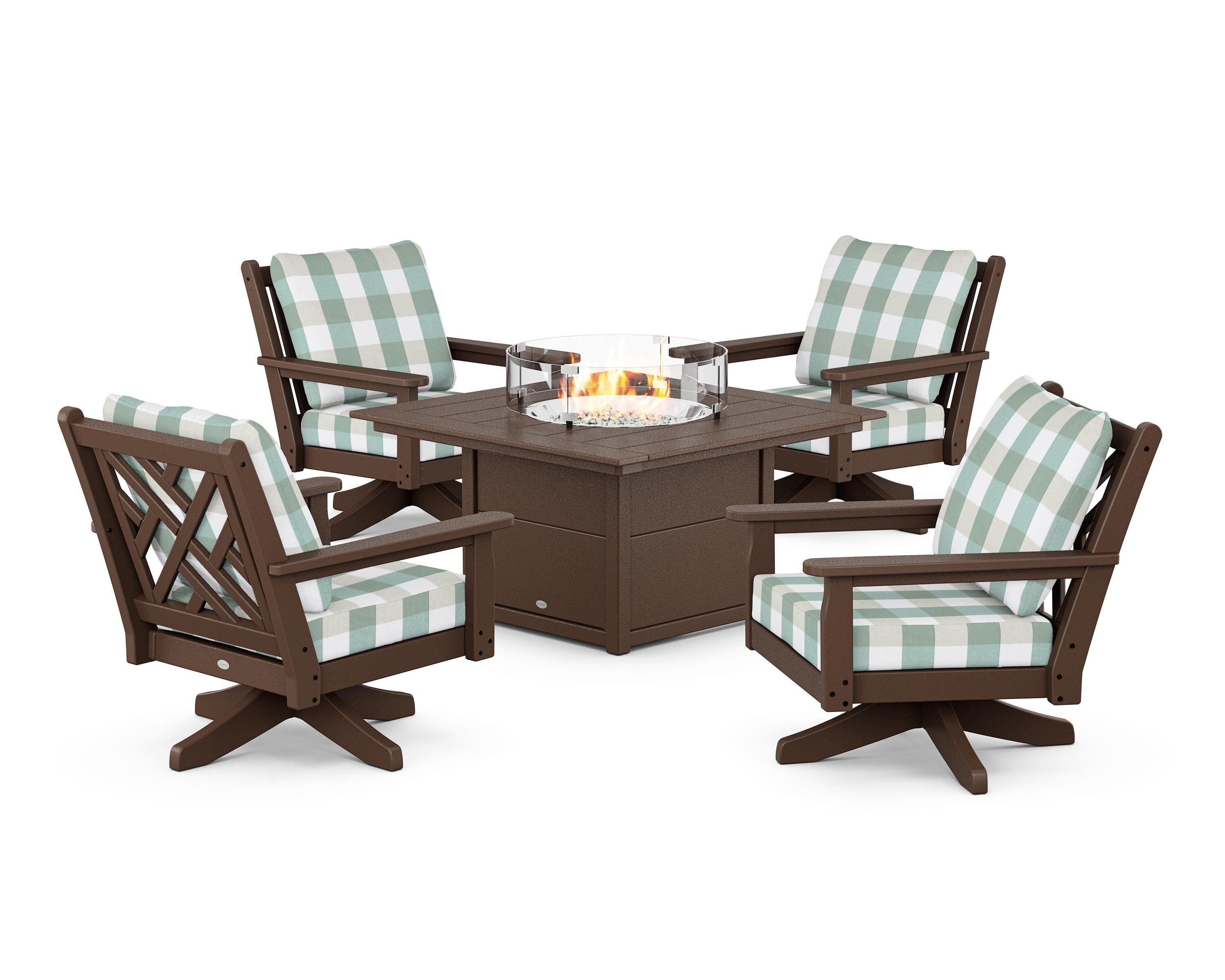 POLYWOOD® Chippendale 5-Piece Deep Seating Swivel Conversation Set with Fire Pit Table in Mahogany / Buffalo Plaid Glacier Spa