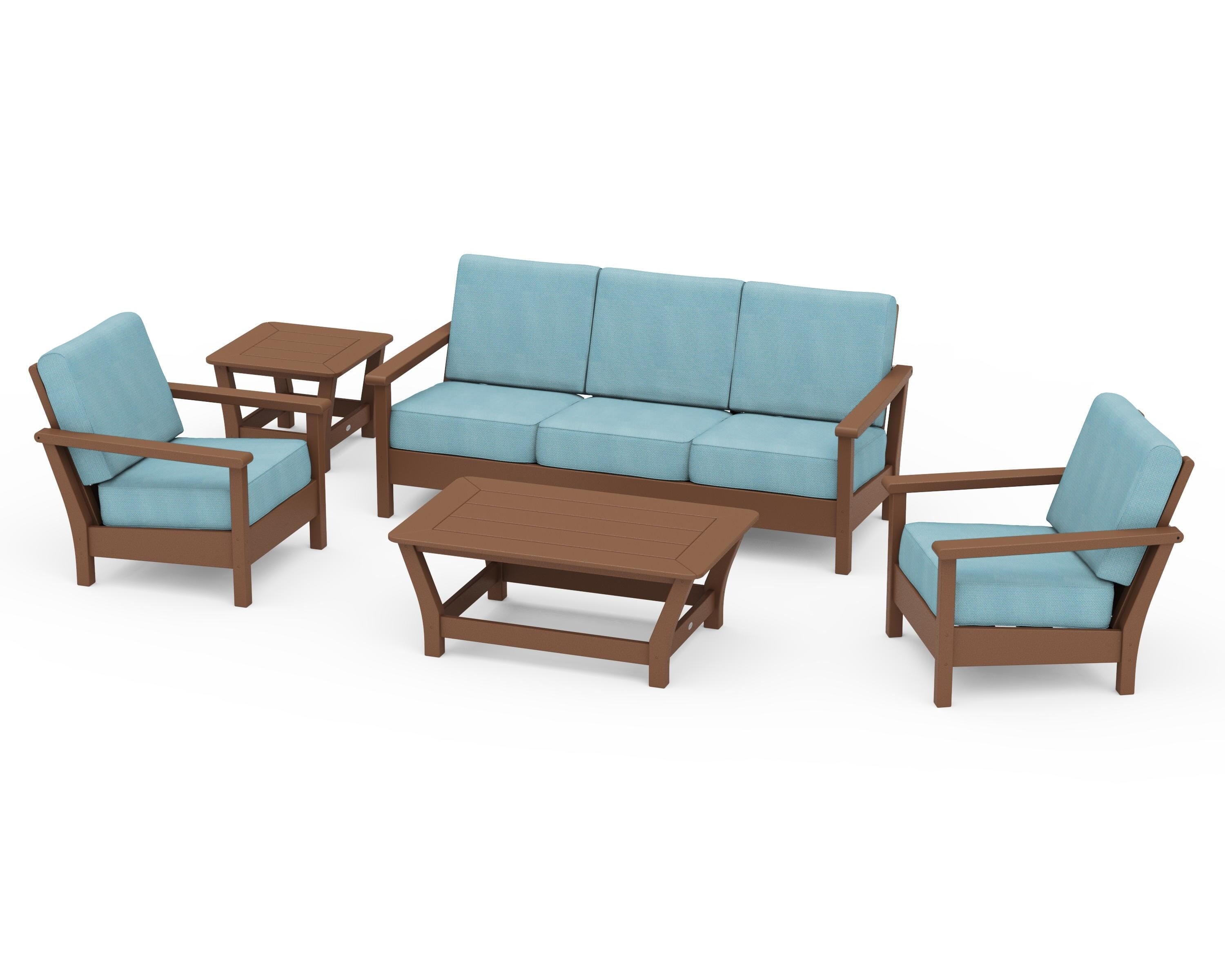 POLYWOOD® Harbour 5-Piece Deep Seating Set in Teak / Lattice Sky Blue