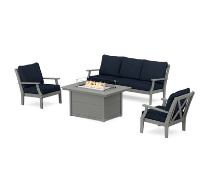POLYWOOD® Braxton Deep Seating Fire Pit Table Set in Slate Grey / Marine Indigo